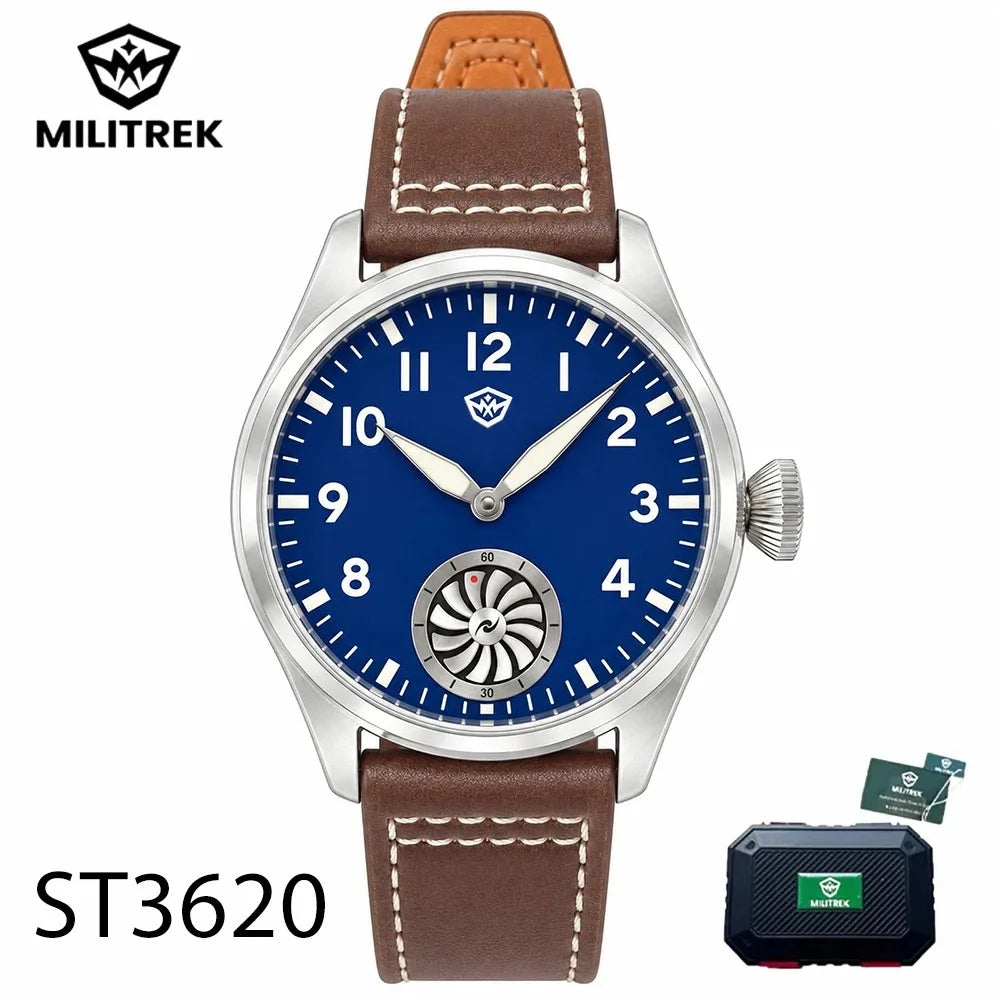 MILITREK 43MM Men's Mechanical Watch ST3620 Vintage Pilot Watch BGW9 Luminous Sapphire Leather Strap Flieger Wristwatch MTA001