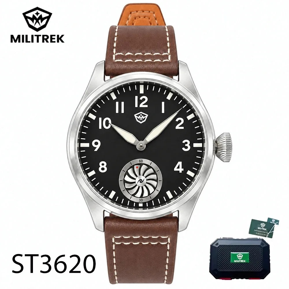 MILITREK 43MM Men's Mechanical Watch ST3620 Vintage Pilot Watch BGW9 Luminous Sapphire Leather Strap Flieger Wristwatch MTA001