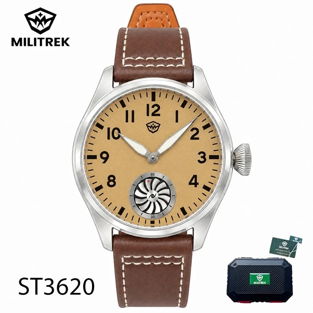 MILITREK 43MM Men's Mechanical Watch ST3620 Vintage Pilot Watch BGW9 Luminous Sapphire Leather Strap Flieger Wristwatch MTA001