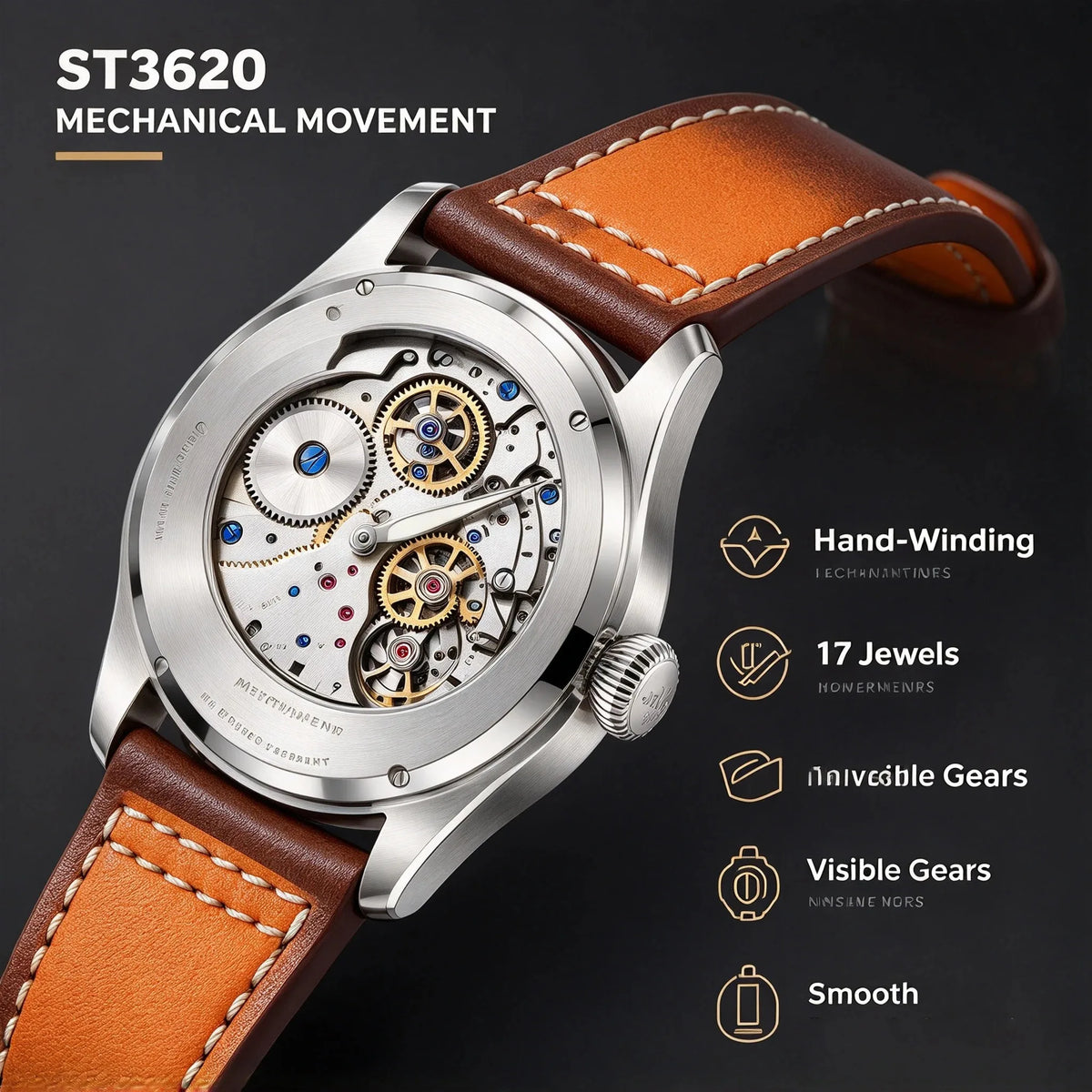 MILITREK 43MM Men's Mechanical Watch ST3620 Vintage Pilot Watch BGW9 Luminous Sapphire Leather Strap Flieger Wristwatch MTA001