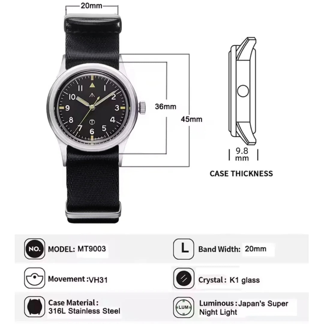 MILITREK 2025 Men Quartz Watch VH31 36mm Military Field Outdoor Watch K1 Glass Luminous Waterproof Stainless Steel Reloj Hombre MT9003