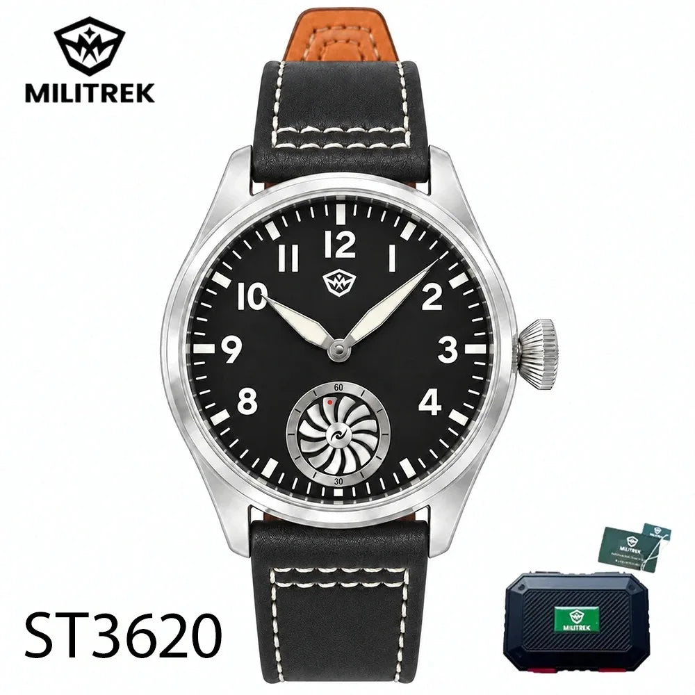 MILITREK 43MM Men's Mechanical Watch ST3620 Vintage Pilot Watch BGW9 Luminous Sapphire Leather Strap Flieger Wristwatch MTA001