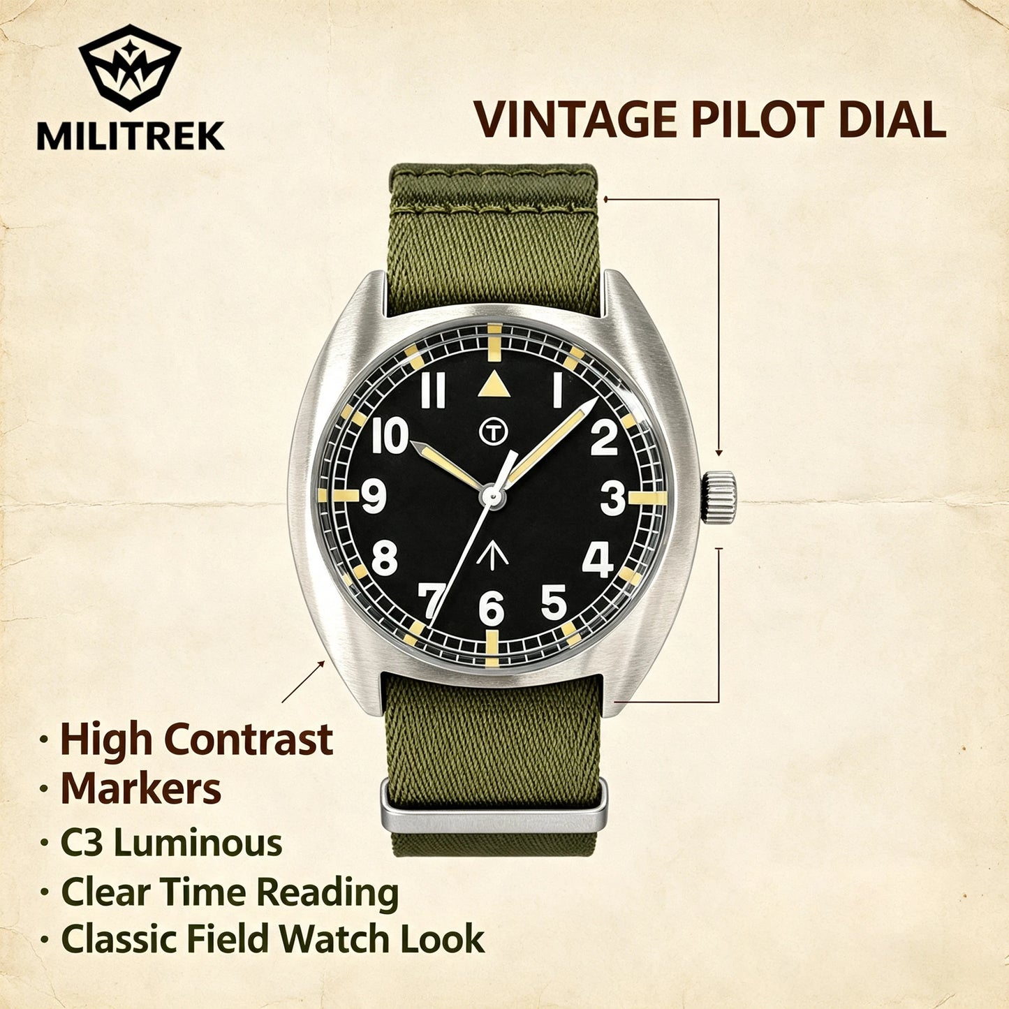 MILITREK MT9004 W10 Pilot Watch Men VH31 Sweep Quartz 316L Steel Sapphire 100M Waterproof Vintage Military Field Wristwatch